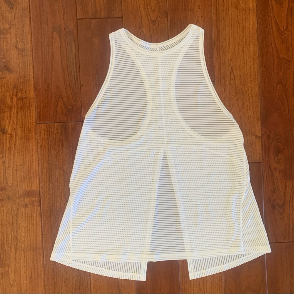 Lululemon Miles Ahead Tank Top Size 10 White Stripe Mesh Tie Back - Picture 4 of 11